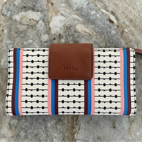 Fossil Women's Wallet Caroline Clutch ECRU Multi Stripe Zip - Picture 16 of 16